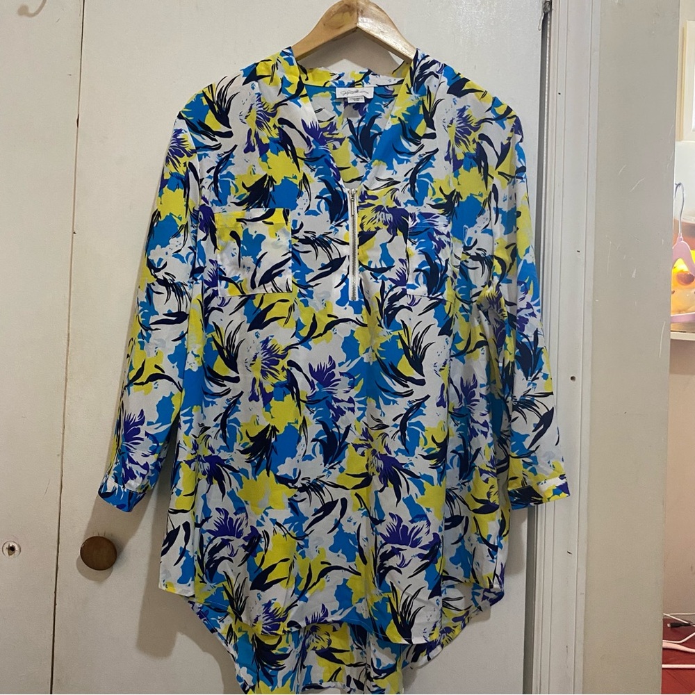 Floral Zip-Front Tunic in Blue & Yellow